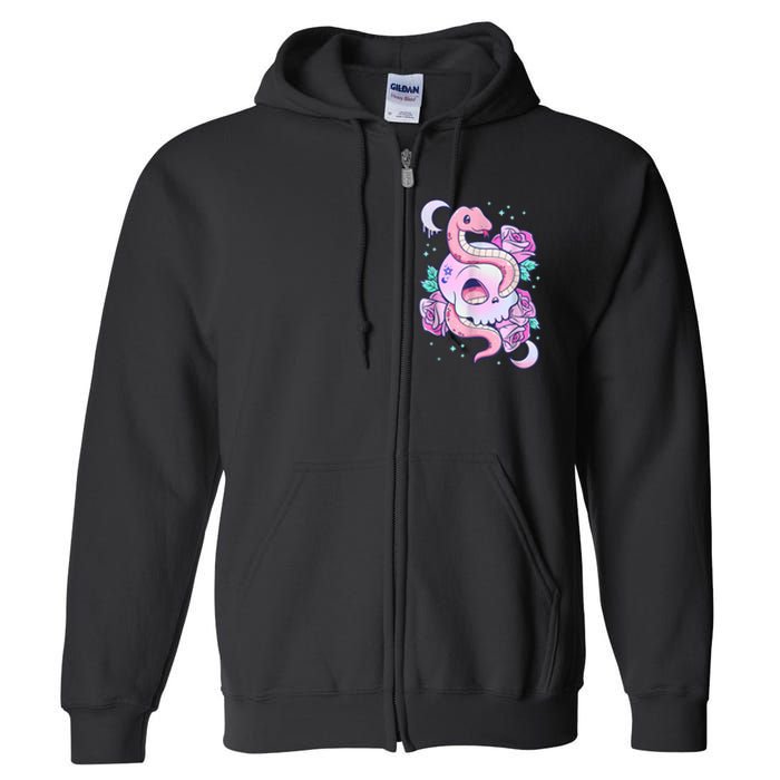 Kawaii Pastel Goth Cute Creepy Skull Serpent Snake Roses Full Zip Hoodie