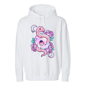 Kawaii Pastel Goth Cute Creepy Skull Serpent Snake Roses Garment-Dyed Fleece Hoodie