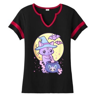 Kawaii Pastel Goth Cute Creepy Witch Cat Wicca Ladies Halftime Notch Neck Tee