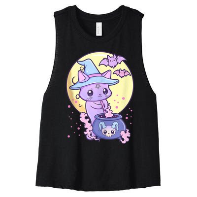 Kawaii Pastel Goth Cute Creepy Witch Cat Wicca Women's Racerback Cropped Tank