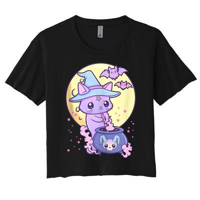 Kawaii Pastel Goth Cute Creepy Witch Cat Wicca Women's Crop Top Tee