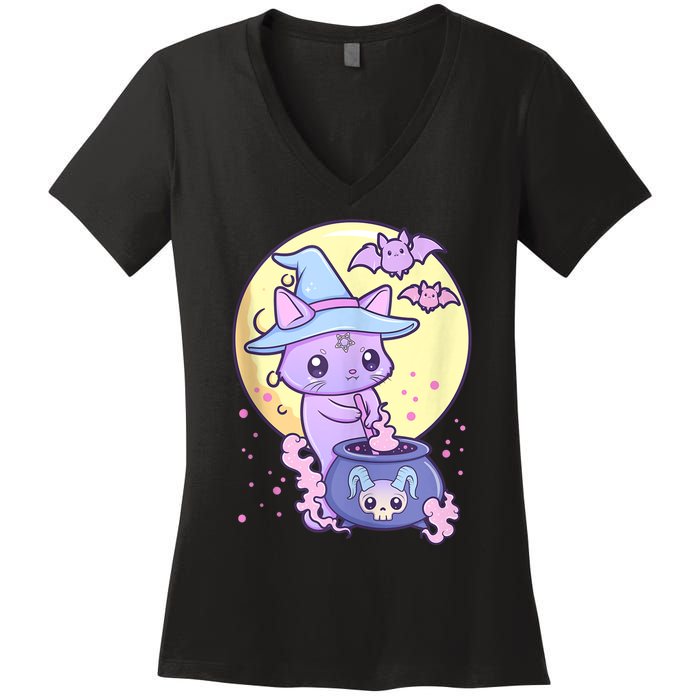 Kawaii Pastel Goth Cute Creepy Witch Cat Wicca Women's V-Neck T-Shirt