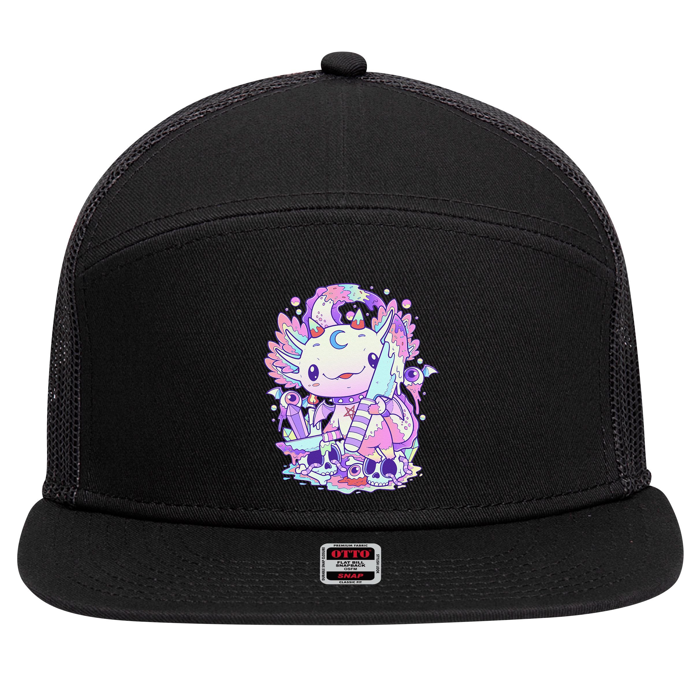 Kawaii Pastel Goth Cute and Creepy Axolotl Knife  7 Panel Mesh Trucker Snapback Hat