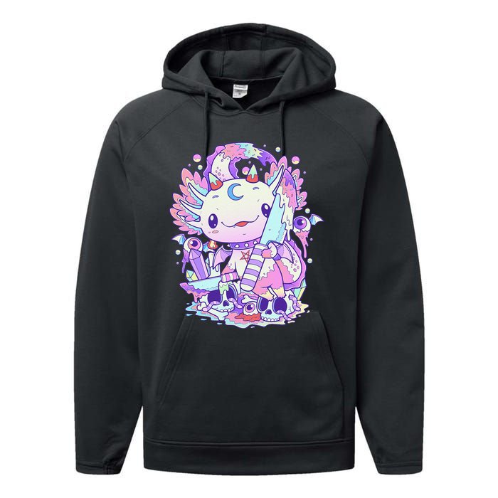 Kawaii Pastel Goth Cute and Creepy Axolotl Knife  Performance Fleece Hoodie