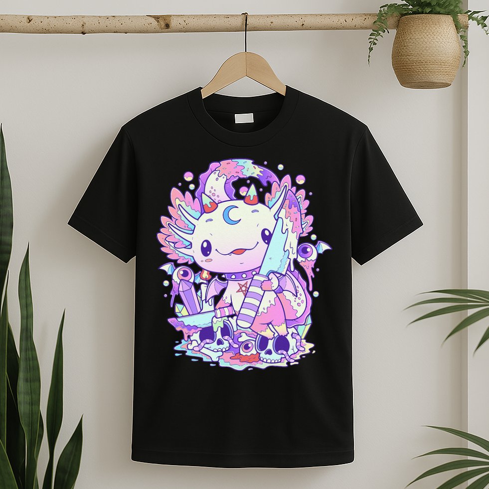 Kawaii Pastel Goth Cute and Creepy Axolotl Knife  T-Shirt