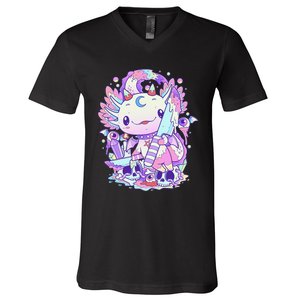 Kawaii Pastel Goth Cute and Creepy Axolotl Knife  V-Neck T-Shirt