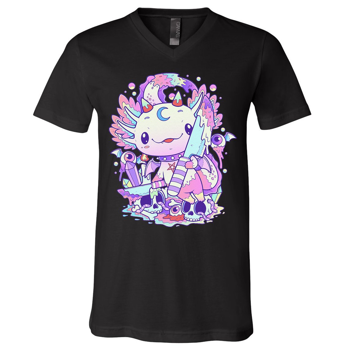 Kawaii Pastel Goth Cute and Creepy Axolotl Knife  V-Neck T-Shirt