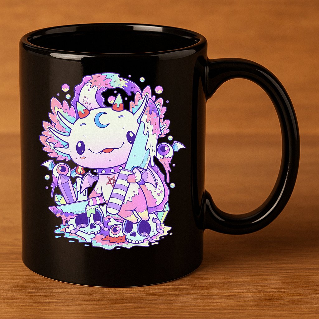 Kawaii Pastel Goth Cute and Creepy Axolotl Knife  11oz C Handle Ceramic Mug