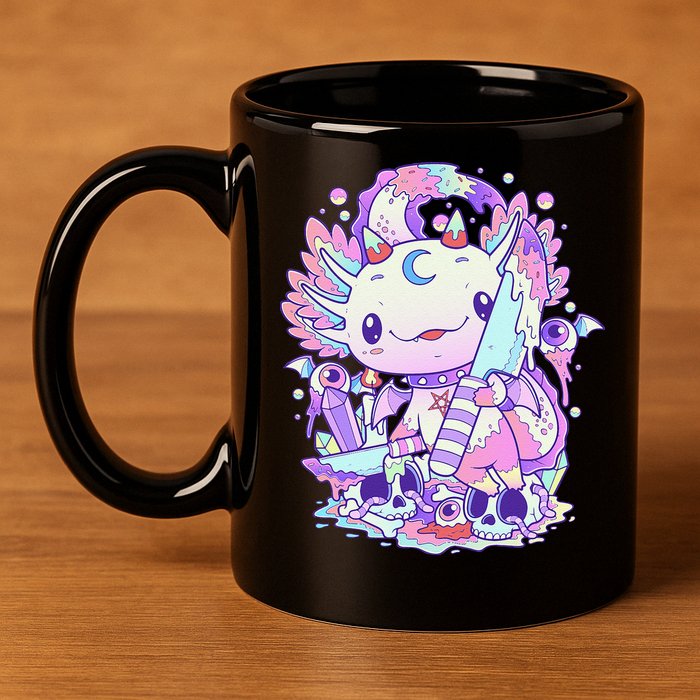 Kawaii Pastel Goth Cute and Creepy Axolotl Knife  11oz C Handle Ceramic Mug