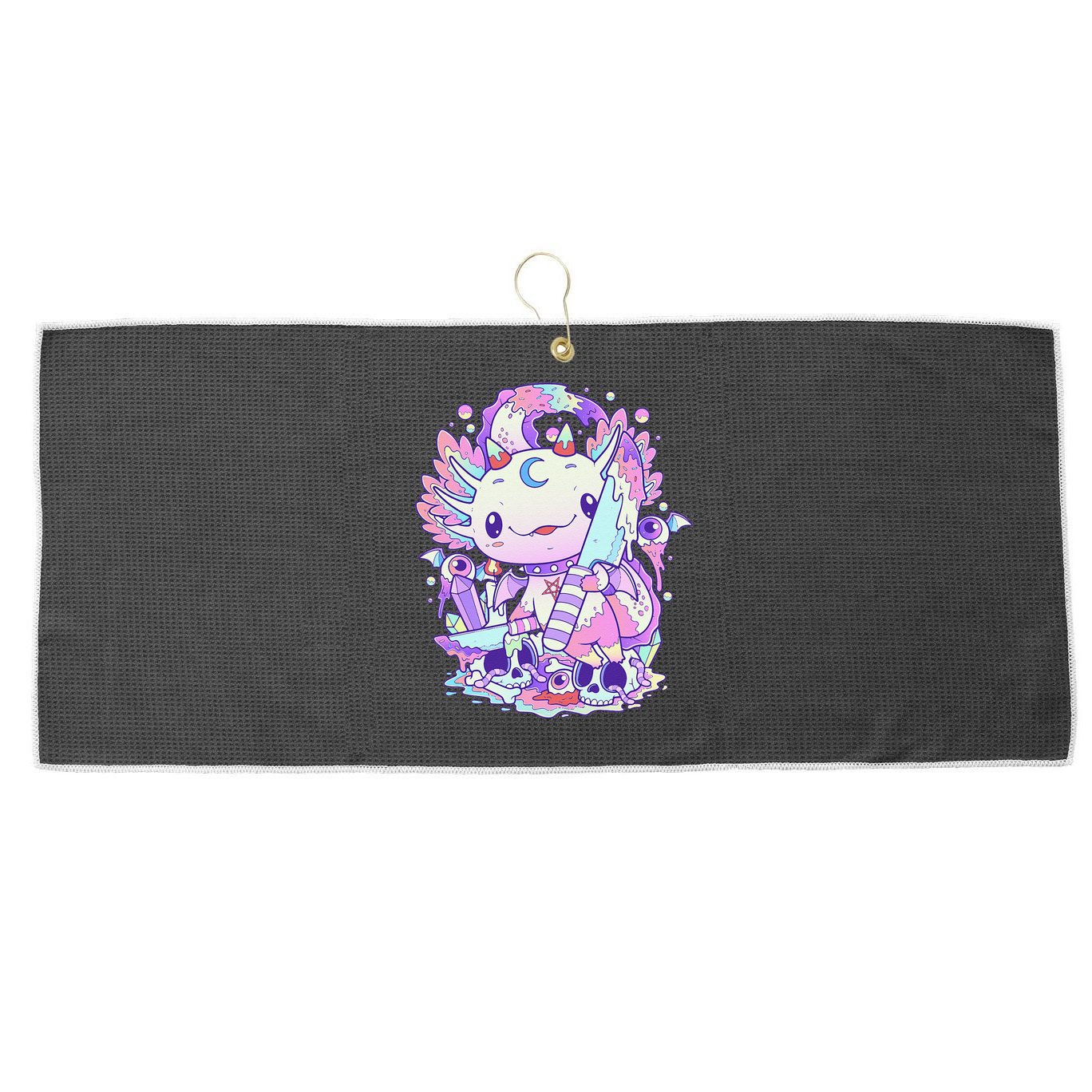 Kawaii Pastel Goth Cute and Creepy Axolotl Knife  Large Microfiber Waffle Golf Towel