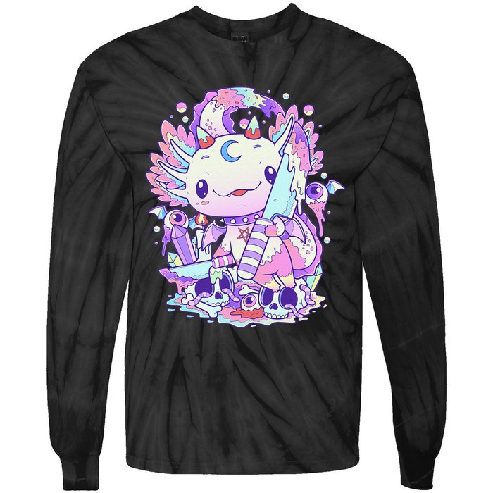 Kawaii Pastel Goth Cute and Creepy Axolotl Knife  Tie-Dye Long Sleeve Shirt