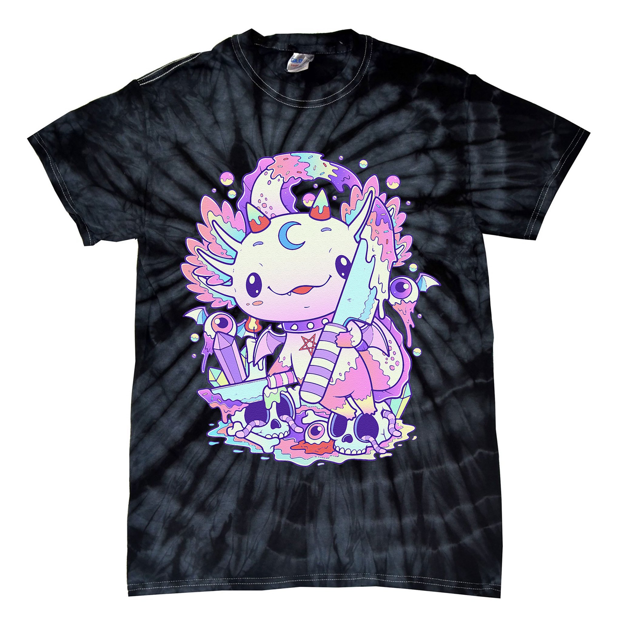 Kawaii Pastel Goth Cute and Creepy Axolotl Knife  Tie-Dye T-Shirt