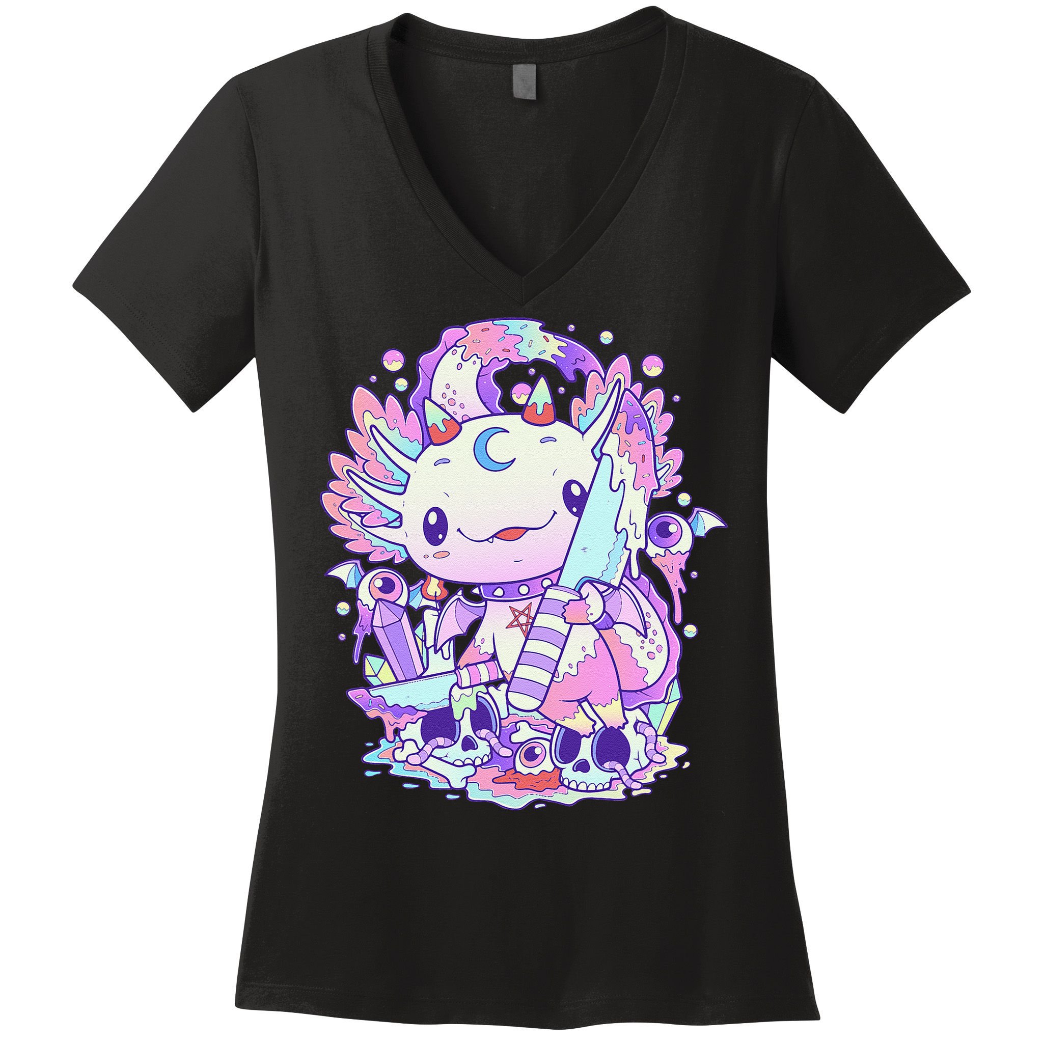 Kawaii Pastel Goth Cute and Creepy Axolotl Knife  Women's V-Neck T-Shirt