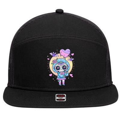 Kawaii Pastel Goth Cute Creepy Sugar Skull Day Of The Death  7 Panel Mesh Trucker Snapback Hat