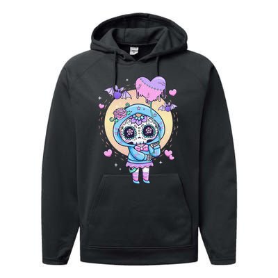 Kawaii Pastel Goth Cute Creepy Sugar Skull Day Of The Death  Performance Fleece Hoodie