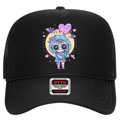 Kawaii Pastel Goth Cute Creepy Sugar Skull Day Of The Death  High Crown Mesh Back Trucker Hat