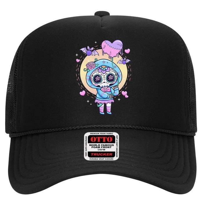 Kawaii Pastel Goth Cute Creepy Sugar Skull Day Of The Death  High Crown Mesh Back Trucker Hat