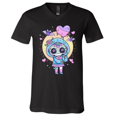 Kawaii Pastel Goth Cute Creepy Sugar Skull Day Of The Death  V-Neck T-Shirt