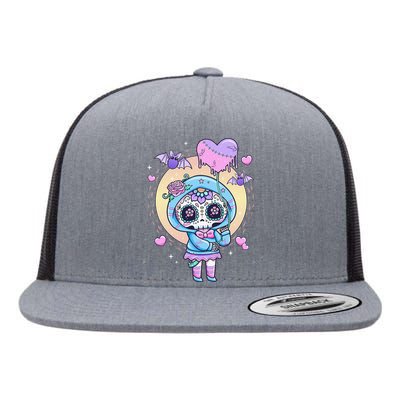 Kawaii Pastel Goth Cute Creepy Sugar Skull Day Of The Death  Flat Bill Trucker Hat