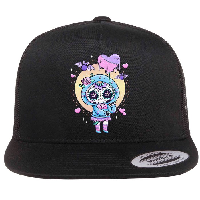 Kawaii Pastel Goth Cute Creepy Sugar Skull Day Of The Death  Flat Bill Trucker Hat