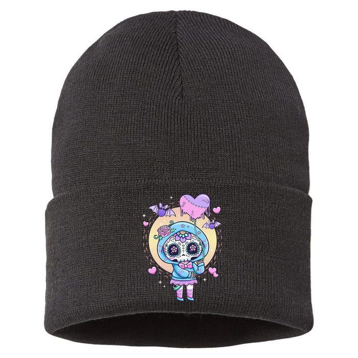 Kawaii Pastel Goth Cute Creepy Sugar Skull Day Of The Death  Sustainable Knit Beanie