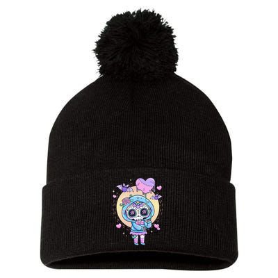 Kawaii Pastel Goth Cute Creepy Sugar Skull Day Of The Death  Pom Pom 12in Knit Beanie