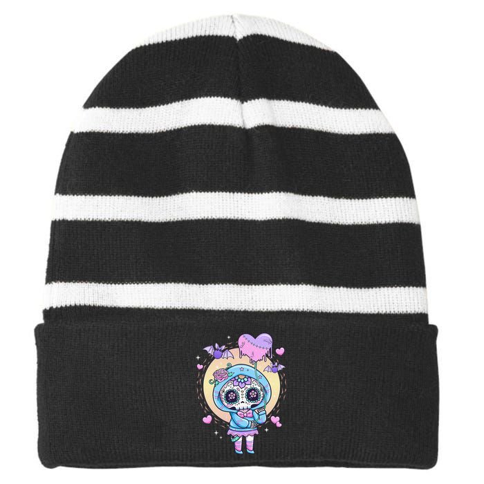 Kawaii Pastel Goth Cute Creepy Sugar Skull Day Of The Death  Striped Beanie with Solid Band