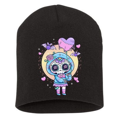 Kawaii Pastel Goth Cute Creepy Sugar Skull Day Of The Death  Short Acrylic Beanie