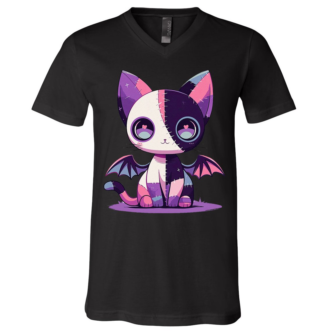 Kawaii Pastel Goth Creepy Cute Witchy Zombie Patchwork Cat V-Neck T-Shirt