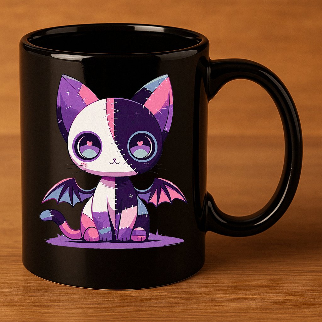 Kawaii Pastel Goth Creepy Cute Witchy Zombie Patchwork Cat 11oz C Handle Ceramic Mug