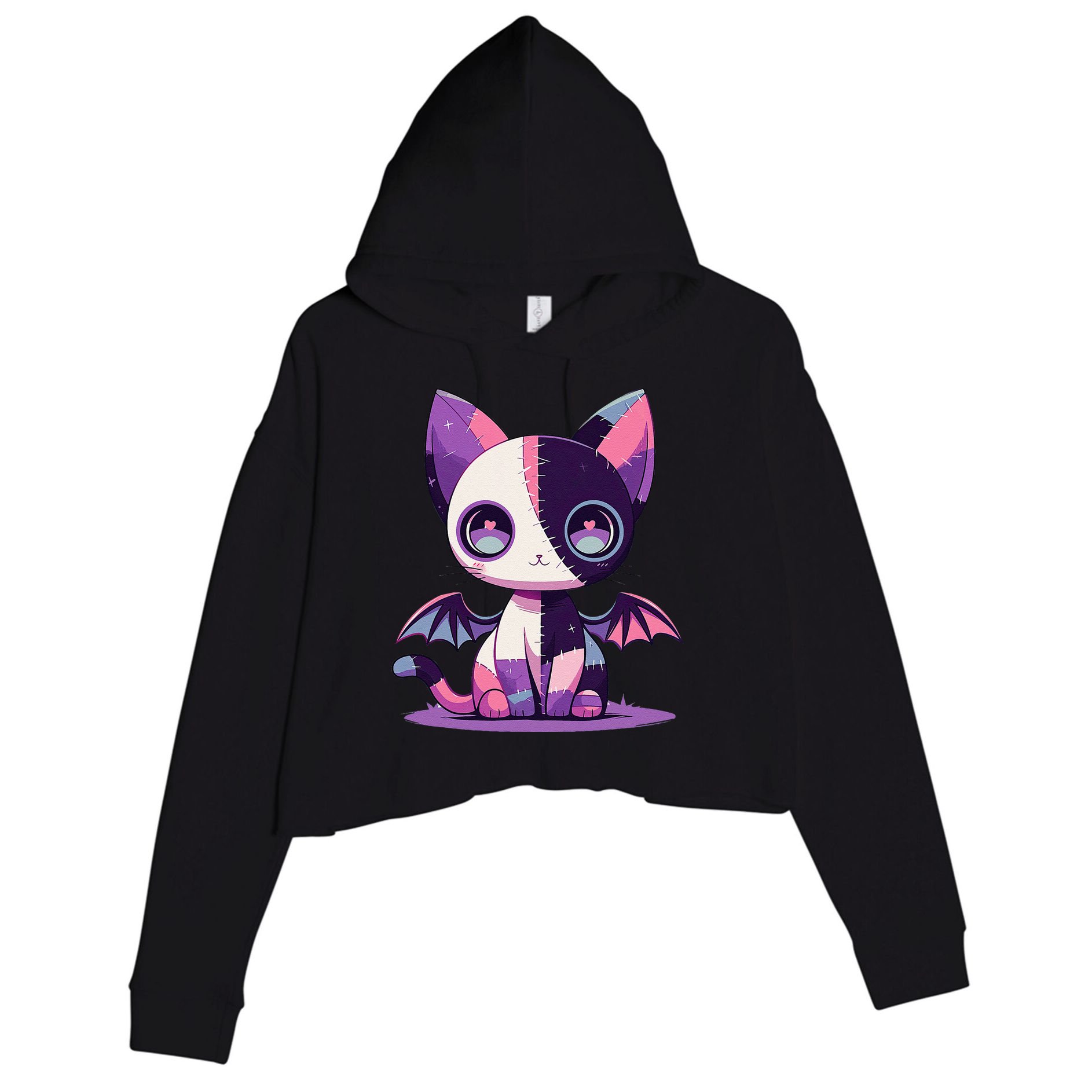 Kawaii Pastel Goth Creepy Cute Witchy Zombie Patchwork Cat Crop Fleece Hoodie