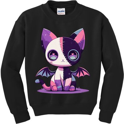 Kawaii Pastel Goth Creepy Cute Witchy Zombie Patchwork Cat Kids Sweatshirt