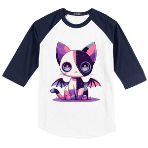 Kawaii Pastel Goth Creepy Cute Witchy Zombie Patchwork Cat Baseball Sleeve Shirt