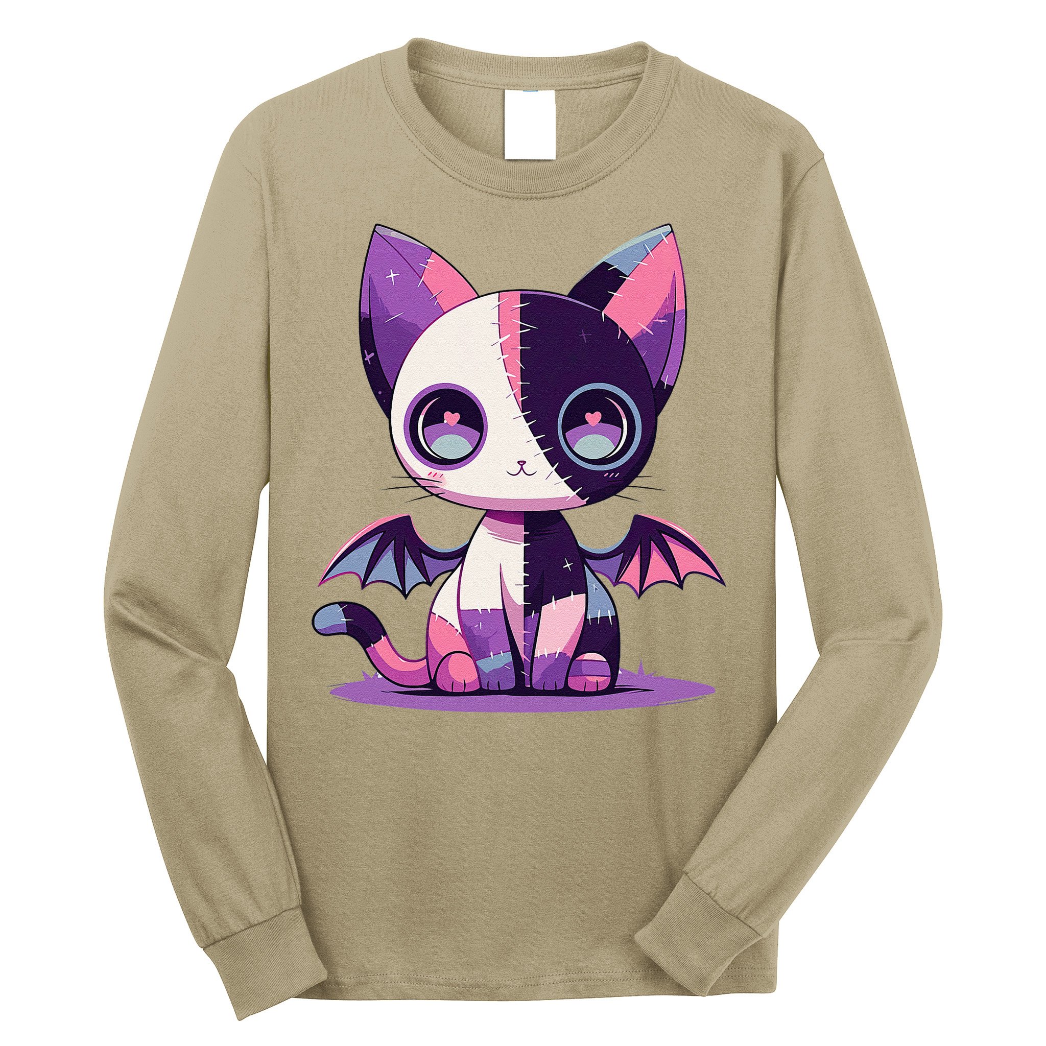 Kawaii Pastel Goth Creepy Cute Witchy Zombie Patchwork Cat Long Sleeve Shirt