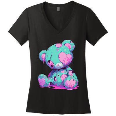 Kawaii Pastel Goth Creepy Cute Witchy Zombie Teddy Bear Women's V-Neck T-Shirt