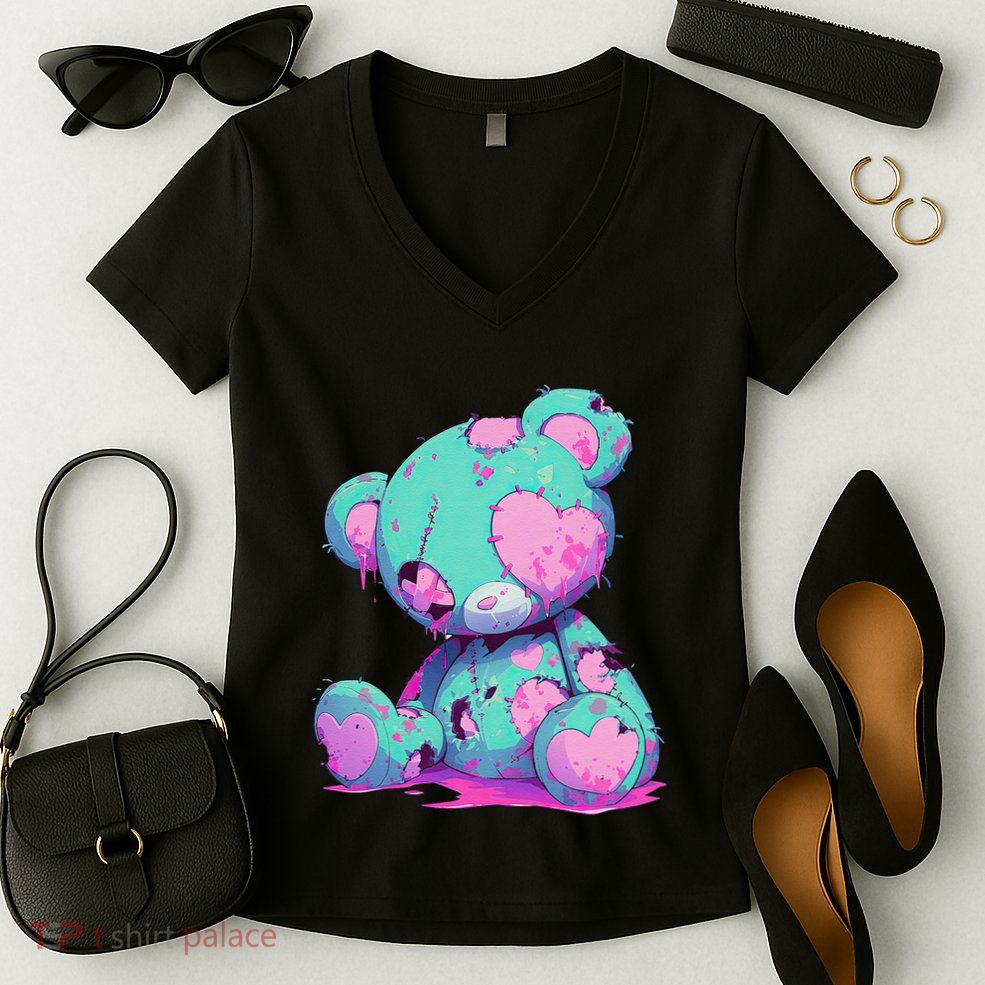Kawaii Pastel Goth Creepy Cute Witchy Zombie Teddy Bear Women's V-Neck T-Shirt
