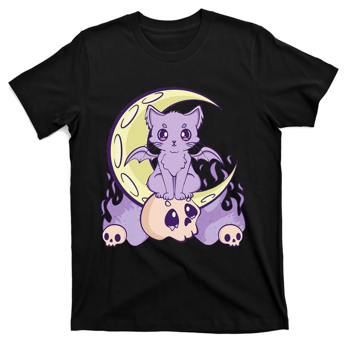 Kawaii Pastel Goth Cute Witchy Cat And Skull Anime Nu  T-Shirt