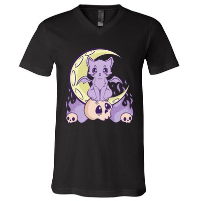 Kawaii Pastel Goth Cute Witchy Cat And Skull Anime Nu  V-Neck T-Shirt