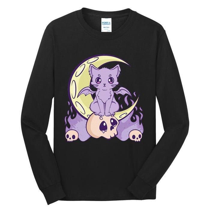 Kawaii Pastel Goth Cute Witchy Cat And Skull Anime Nu  Tall Long Sleeve T-Shirt