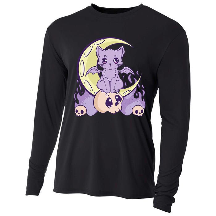 Kawaii Pastel Goth Cute Witchy Cat And Skull Anime Nu  Cooling Performance Long Sleeve Crew