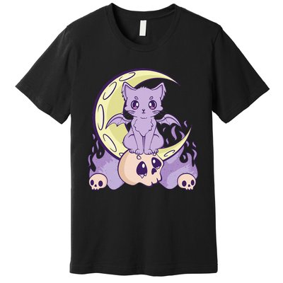 Kawaii Pastel Goth Cute Witchy Cat And Skull Anime Nu  Premium T-Shirt