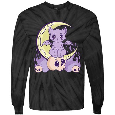 Kawaii Pastel Goth Cute Witchy Cat And Skull Anime Nu  Tie-Dye Long Sleeve Shirt