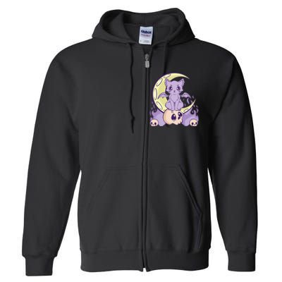 Kawaii Pastel Goth Cute Witchy Cat And Skull Anime Nu  Full Zip Hoodie