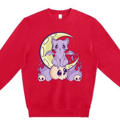 Kawaii Pastel Goth Cute Witchy Cat And Skull Anime Nu  Premium Crewneck Sweatshirt