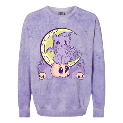 Kawaii Pastel Goth Cute Creepy Witchy Cat And Skull Anime Nu Colorblast Crewneck Sweatshirt