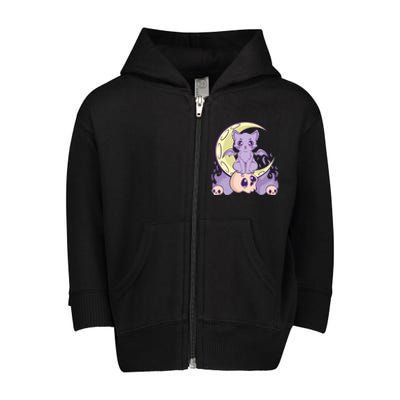 Kawaii Pastel Goth Cute Creepy Witchy Cat And Skull Anime Nu Toddler Zip Fleece Hoodie