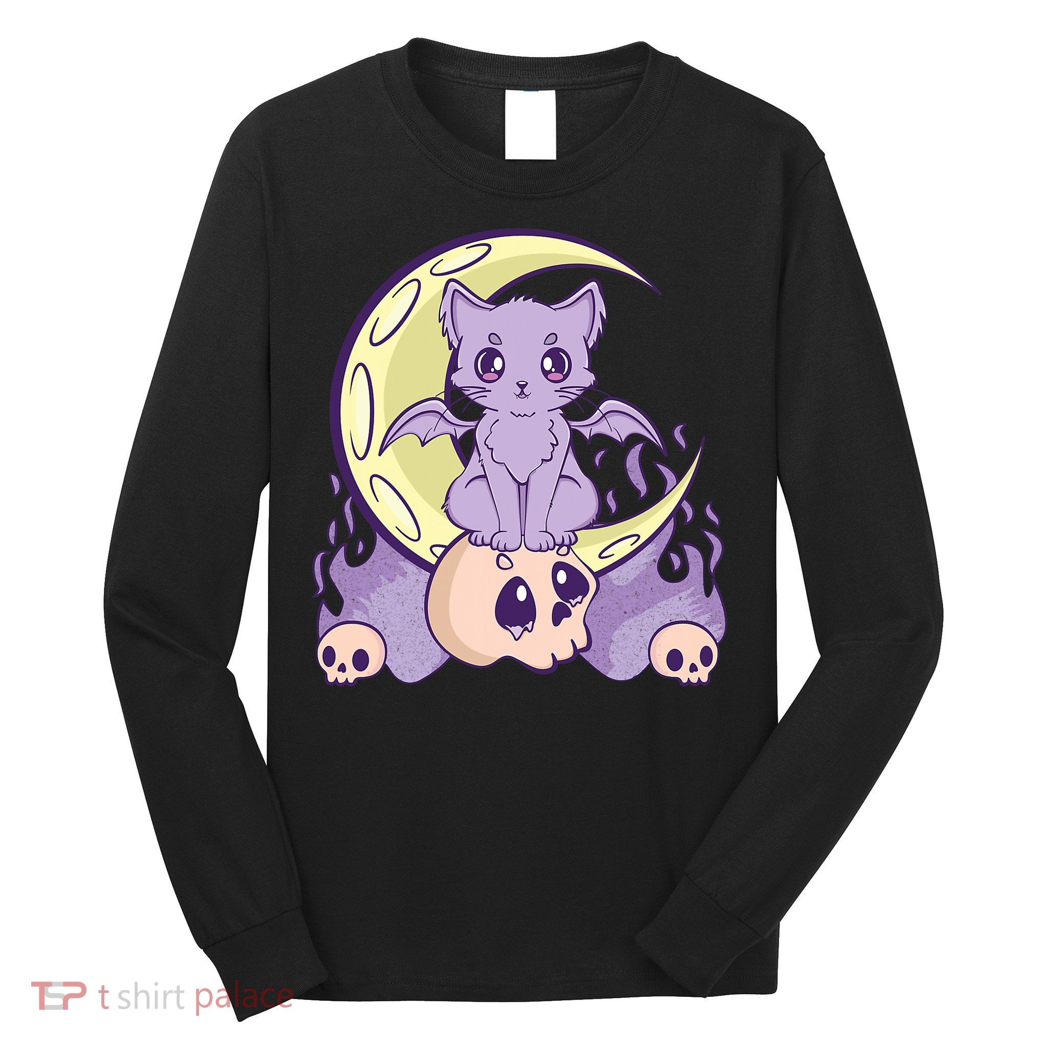 Kawaii Pastel Goth Cute Creepy Witchy Cat And Skull Anime Nu Long Sleeve Shirt