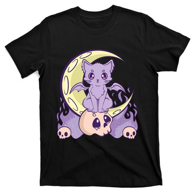 Kawaii Pastel Goth Cute Creepy Witchy Cat And Skull Anime Nu T-Shirt