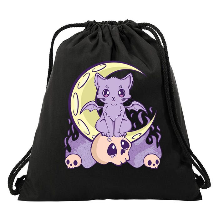 Kawaii Pastel Goth Cute Creepy Witchy Cat And Skull Anime Nu Drawstring Bag