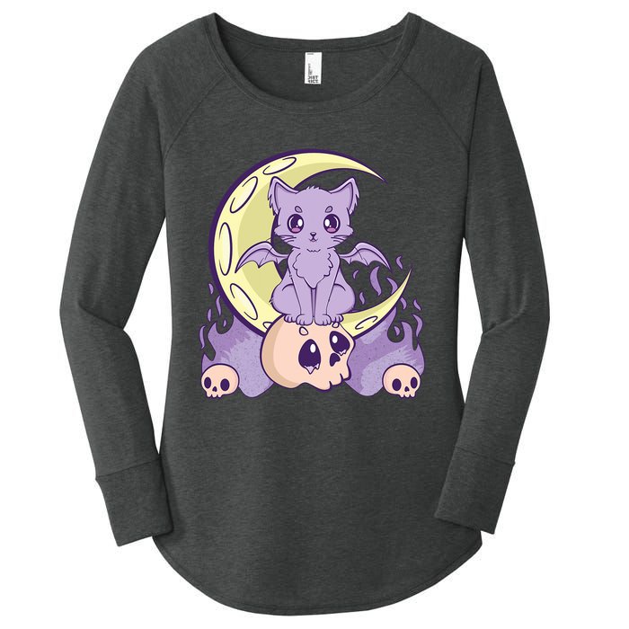 Kawaii Pastel Goth Cute Creepy Witchy Cat And Skull Anime Nu Women's Perfect Tri Tunic Long Sleeve Shirt